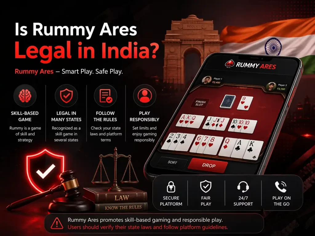 Rummy Ares legal in India concept image with mobile rummy gameplay, Indian theme, security symbols, law elements and modern red black design