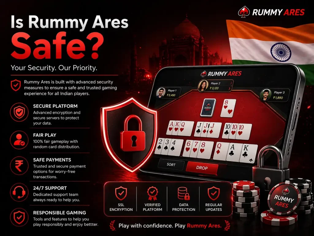 Rummy Ares safe concept image with secure mobile rummy gameplay, shield lock symbols, Indian theme, payment protection and modern red black design