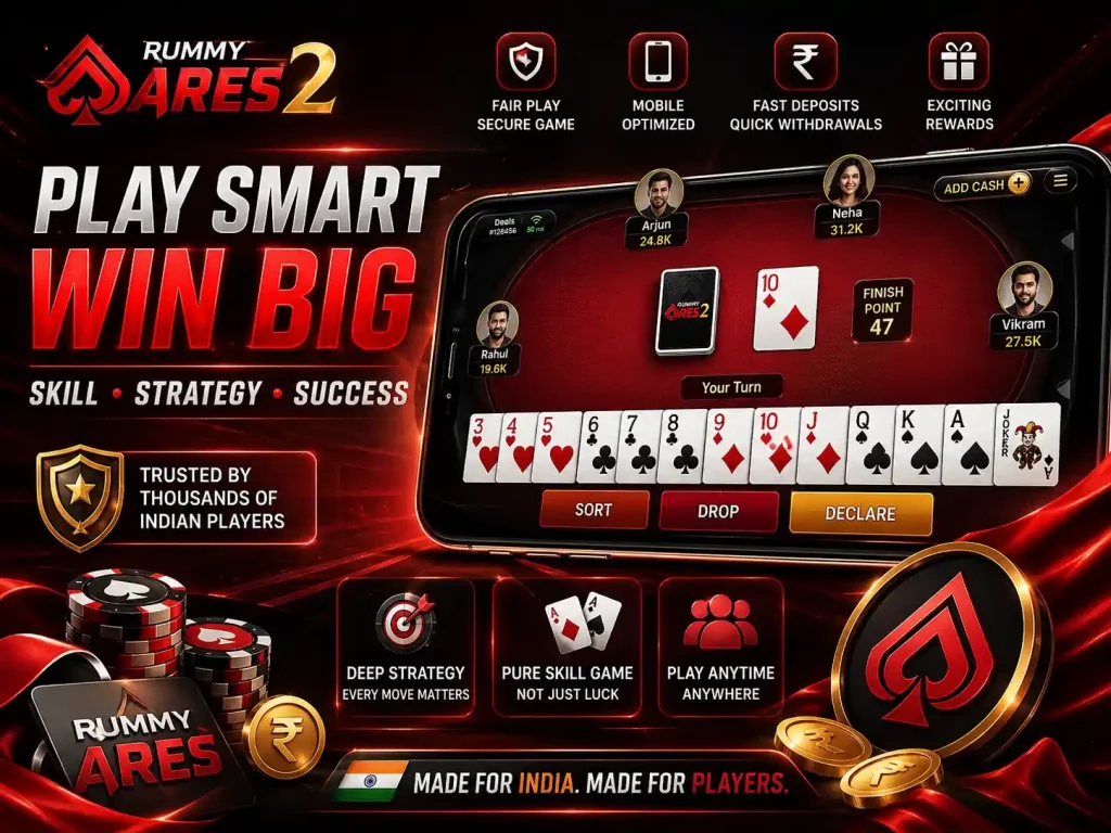 Rummy Ares 2 India promotional image with mobile rummy gameplay, cards, chips, coins, red and black gaming theme, and modern smartphone interface for Indian players