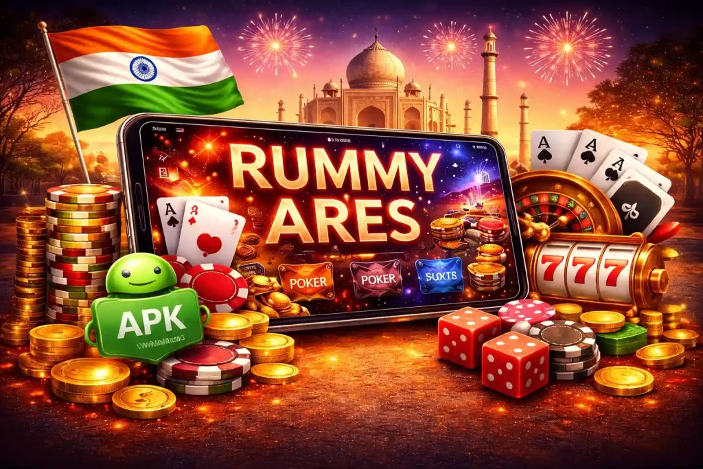 Rummy Ares APK illustration showing a mobile gaming screen with cards, poker chips, roulette wheel, slot machine, dice and gold coins in a bright India-themed casino design.