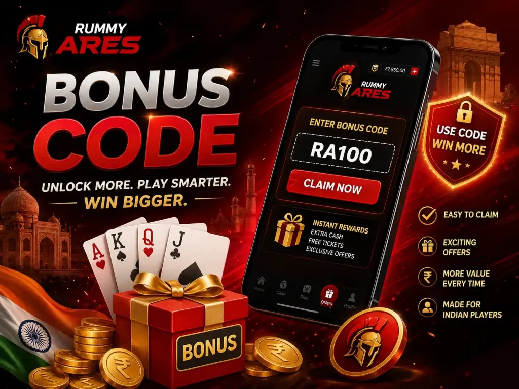Rummy Ares Bonus Code India promotional image featuring mobile app screen, reward code entry, playing cards, coins, gift box, and red black premium gaming theme.
