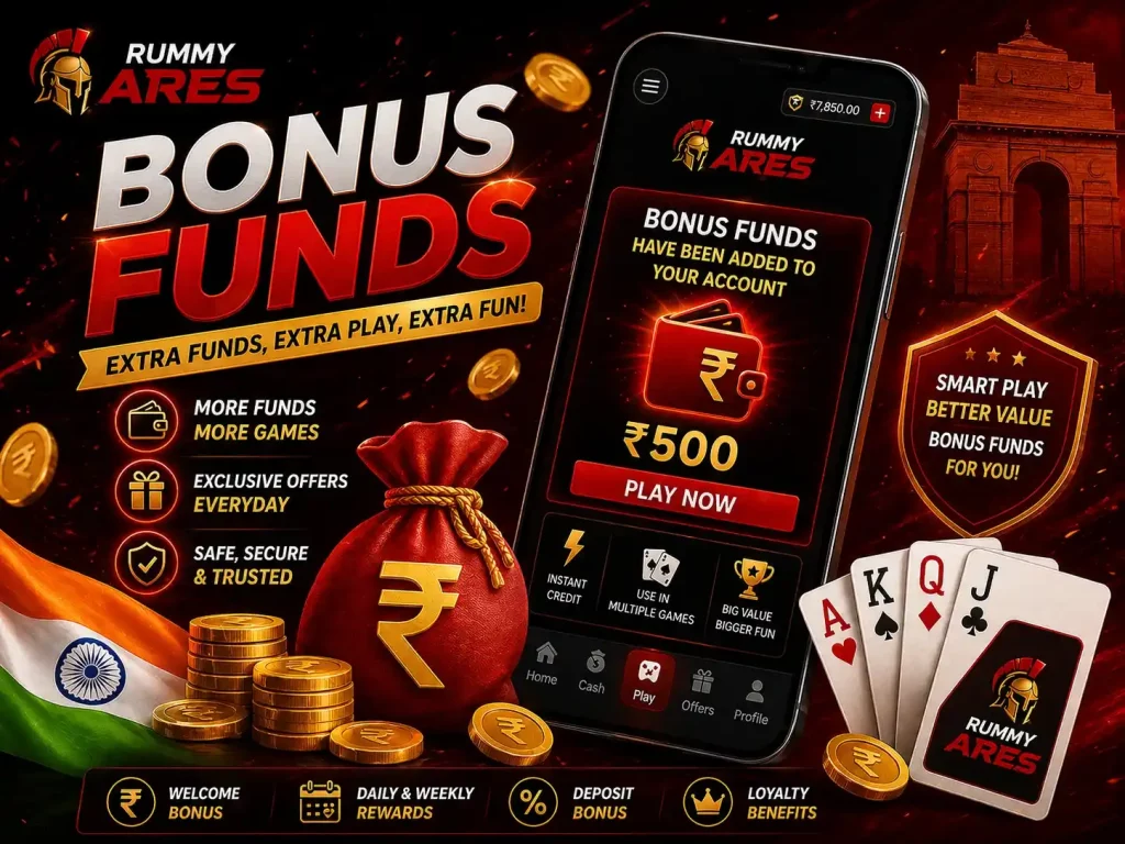 Rummy Ares Bonus Funds India promotional image with mobile app wallet screen, rupee coins, money bag, playing cards, and red black premium gaming theme.
