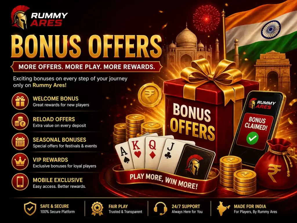 Rummy Ares bonus offers banner with red and gold rewards theme, gift box, coins, mobile screen, Indian flag, and promotional bonuses.
