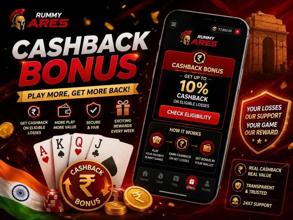 Rummy Ares Cashback Bonus India promotional image with mobile app screen, cashback reward icons, playing cards, rupee coins, and red black gaming theme.