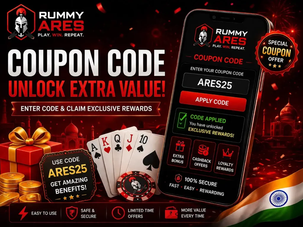 Rummy Ares Coupon Code India banner with mobile code entry screen, exclusive rewards, gift box, coins, playing cards and red black premium theme.