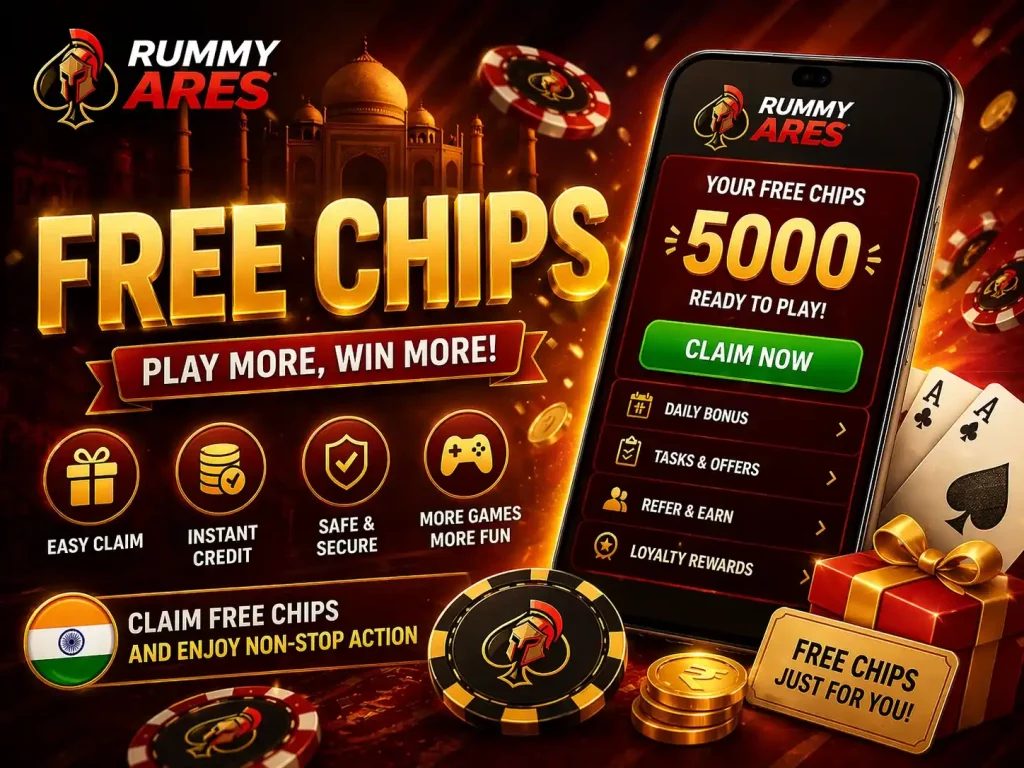 Rummy Ares free chips banner with mobile app screen, chip reward offer, playing cards, coins, gift box, and India-themed red gold background.