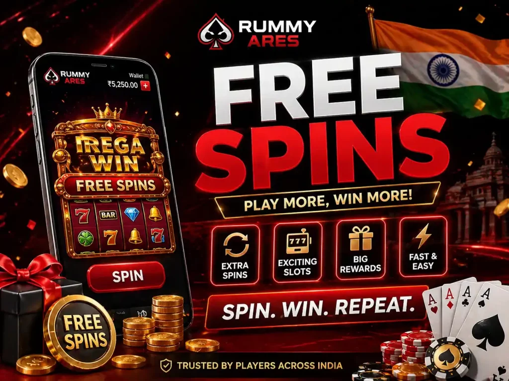 Free Spins image for Rummy Ares India with red and black theme, smartphone slot screen, reward coins, cards, and promotional spin offer concept.