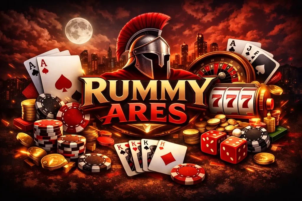 Rummy Ares games illustration featuring playing cards, poker chips, roulette wheel, dice and slot machine elements in a red and black casino-themed design with a night city background
