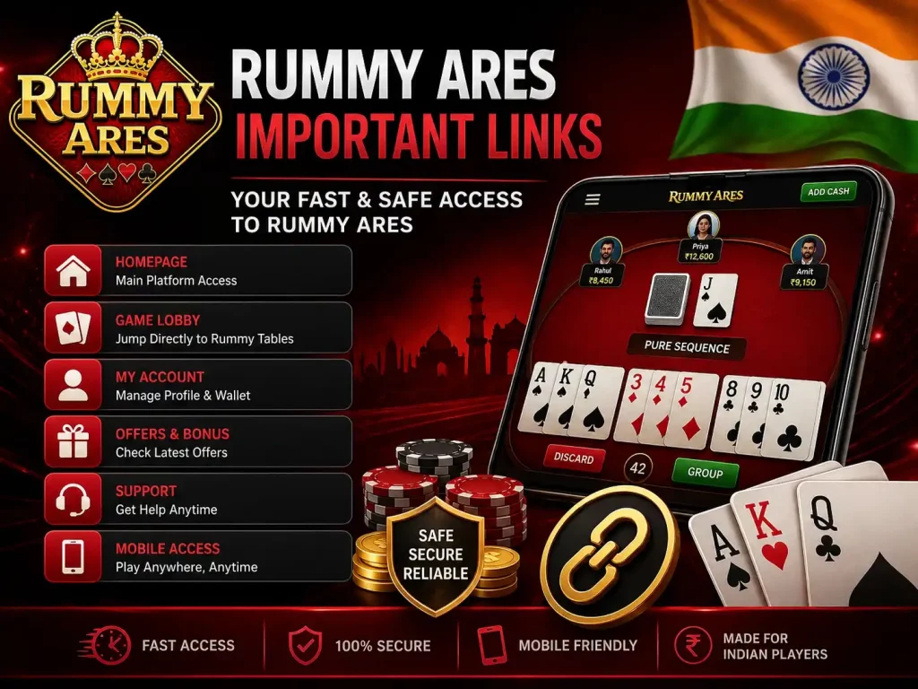 Rummy Ares Links India promotional image with mobile rummy game screen, secure access icons, quick navigation links, cards, chips, and red black gaming theme for Indian players