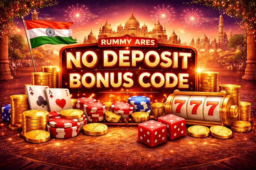 Rummy Ares No Deposit Bonus Code illustration with gold coins, poker chips, playing cards, dice and slot machine elements in a bright India-themed casino design.