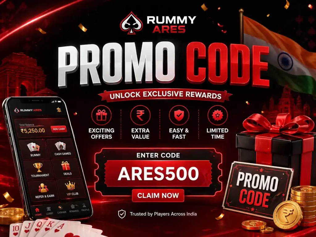Promo Code image for Rummy Ares India with red and black theme, mobile app screen, reward voucher, coins, cards, and exclusive offer concept.