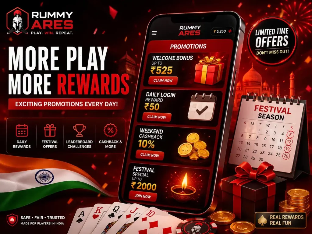 Rummy Ares Promotions India banner with mobile rewards screen, festival offers, cashback bonuses, leaderboard events, gift boxes, cards, coins and red black premium theme.