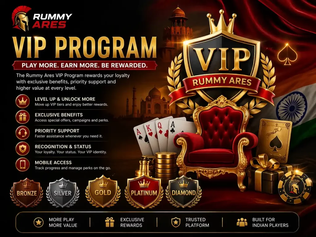 Rummy Ares VIP Program banner with red and black luxury theme, VIP throne, reward tiers, playing cards, Indian flag, and exclusive member benefits.