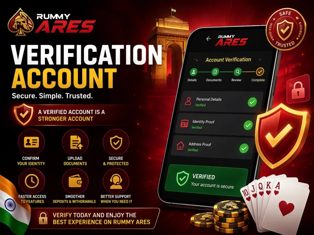 Rummy Ares Verification Account India illustration with secure identity check, verified mobile account, document approval, shield icons, coins and trusted account protection on a 4:3 banner background