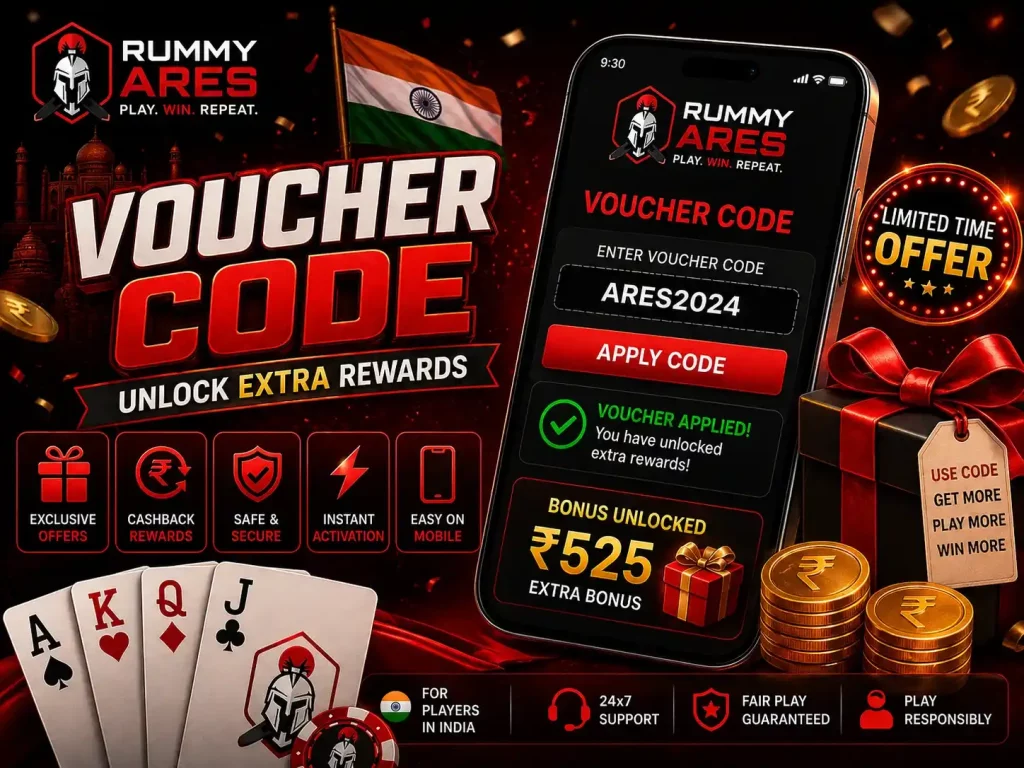 Rummy Ares Voucher Code India banner with mobile voucher entry screen, extra rewards, cashback icons, gift box, coins, playing cards and red black theme.
