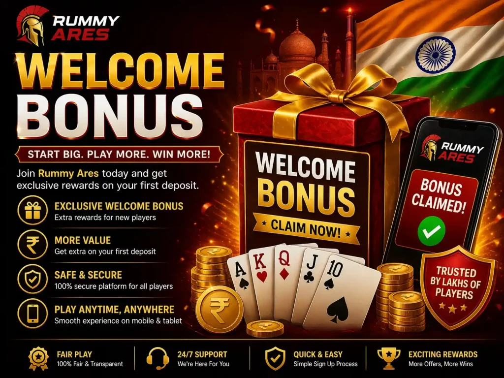Rummy Ares Welcome Bonus banner with red gift box, coins, playing cards, mobile bonus screen, Indian flag, and welcome rewards theme.
