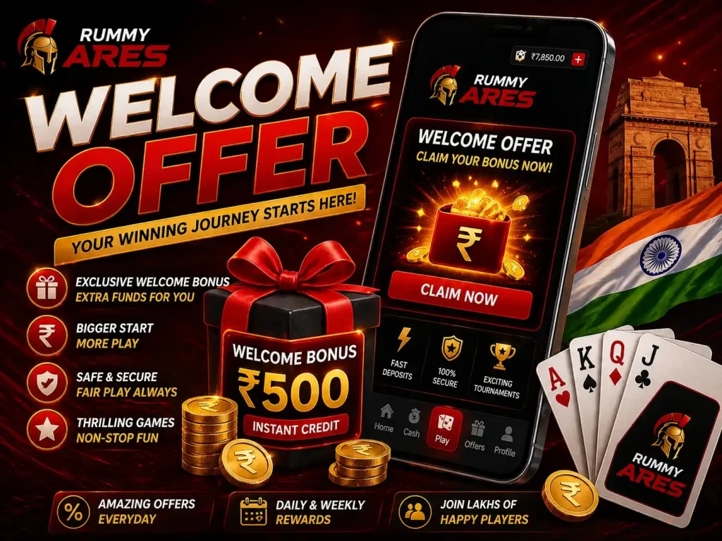 Rummy Ares Welcome Offer India promotional image with mobile app screen, welcome reward box, rupee coins, playing cards, and red black gaming theme.