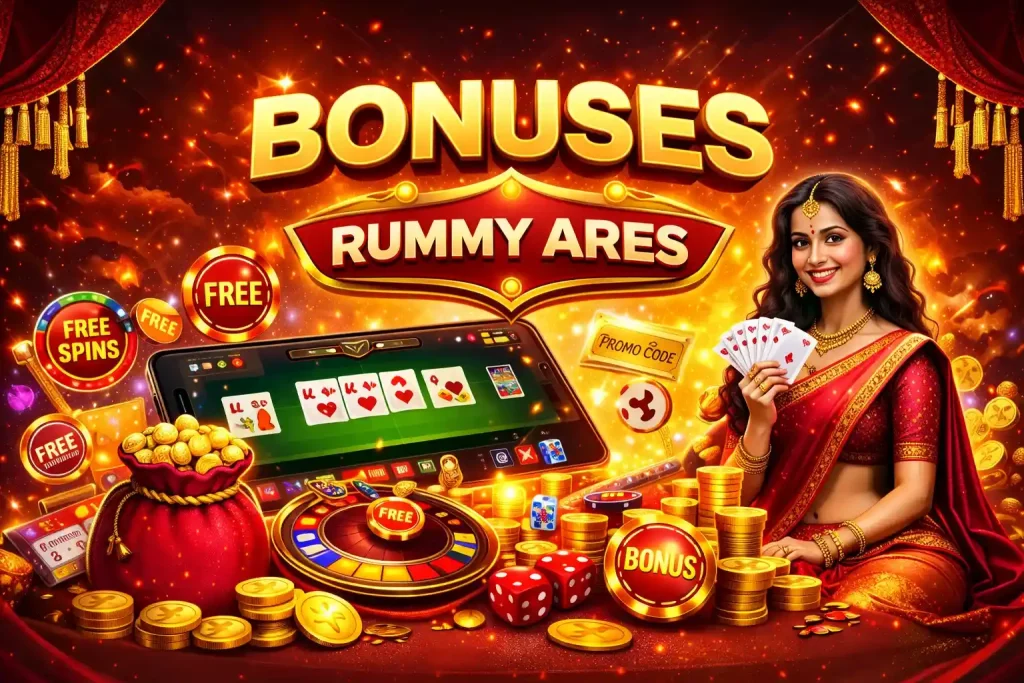 Rummy Ares bonus promotion image featuring gold coins, free spins, promo rewards, and a mobile rummy game interface in a vibrant Indian-style casino design