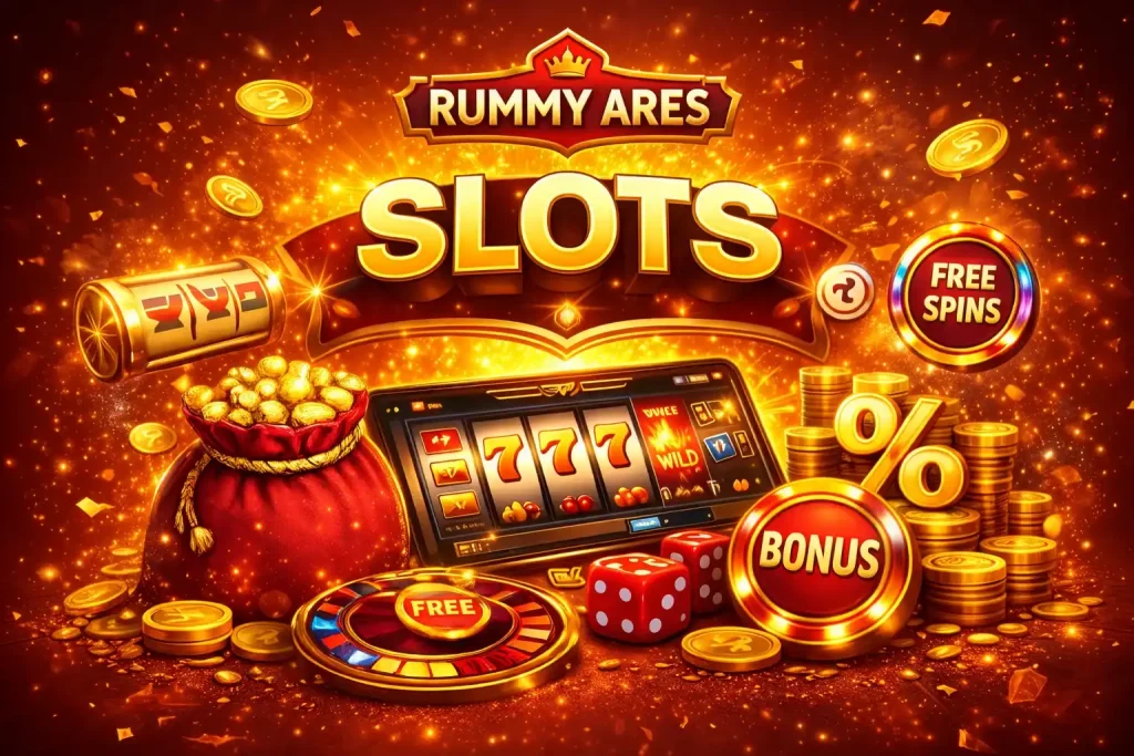 Rummy Ares Slots promotional image featuring a mobile slot game, gold coins, free spins icon, and vibrant casino-style design for UK players
