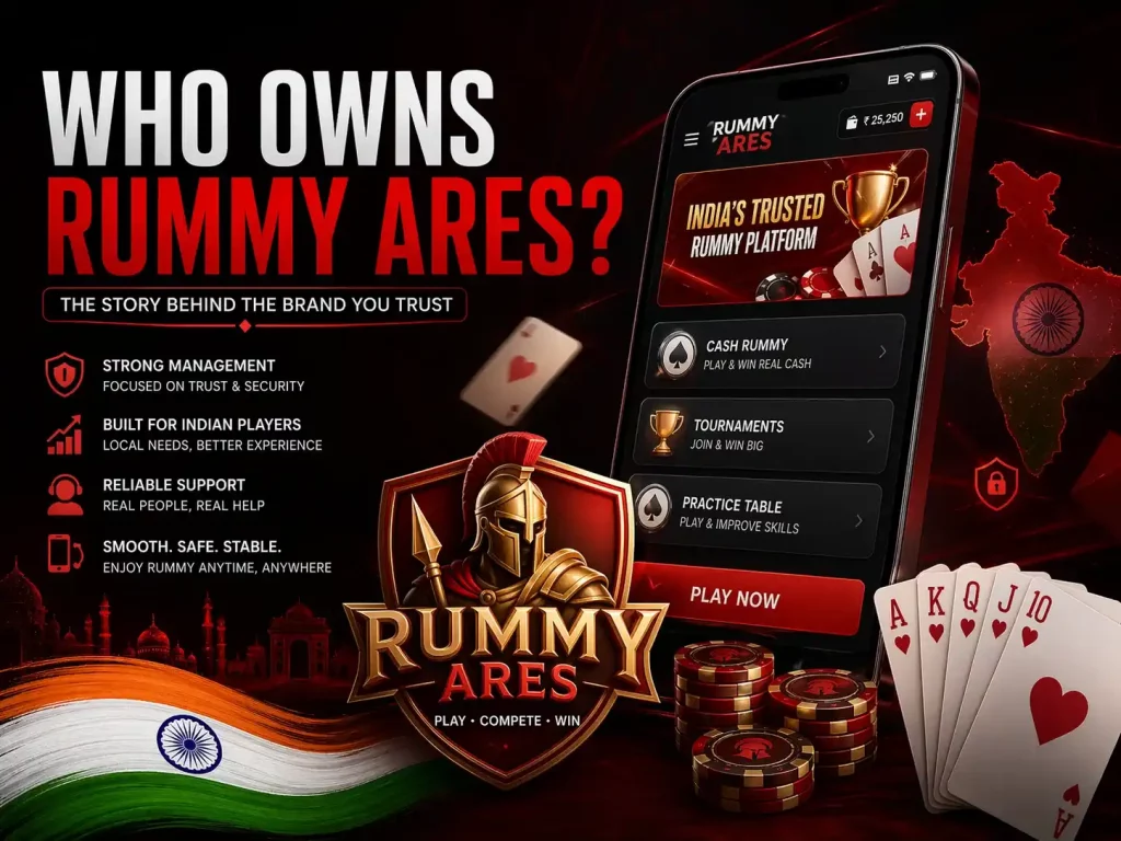 Rummy Ares ownership banner showing mobile rummy app, security icons, playing cards, chips, and India-themed red black background.