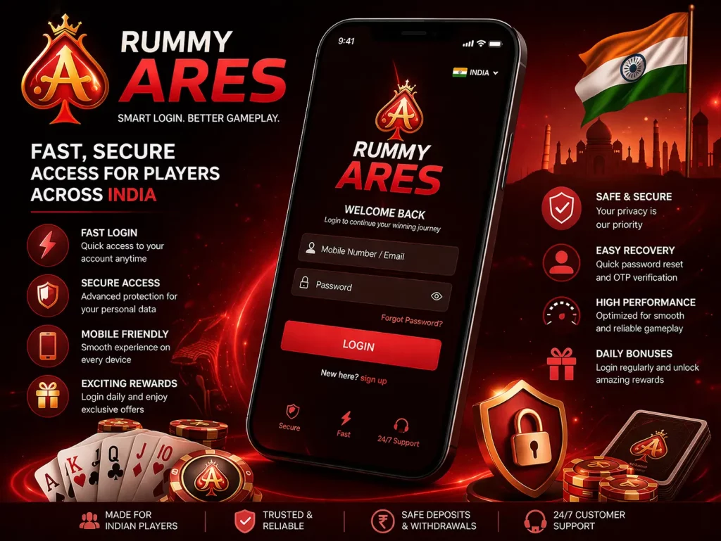 Rummy Ares login illustration featuring mobile app interface, secure access system, red gaming theme, Indian elements, and fast login experience for players in India