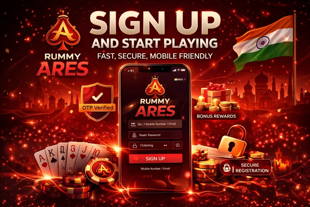 Rummy Ares sign up illustration showing mobile registration interface, OTP verification, secure account creation, bonus rewards, playing cards and Indian-themed elements for players in India