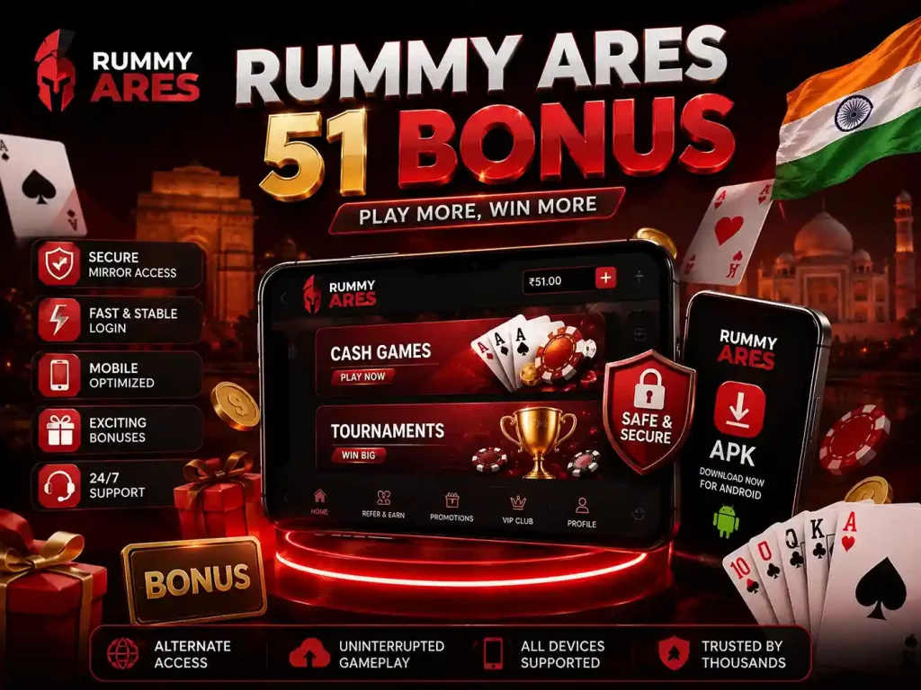 Rummy Ares 51 Bonus mirror access illustration with red and black gaming design, mobile APK interface, Indian landmarks, playing cards, and secure online rummy platform in 4:3 format