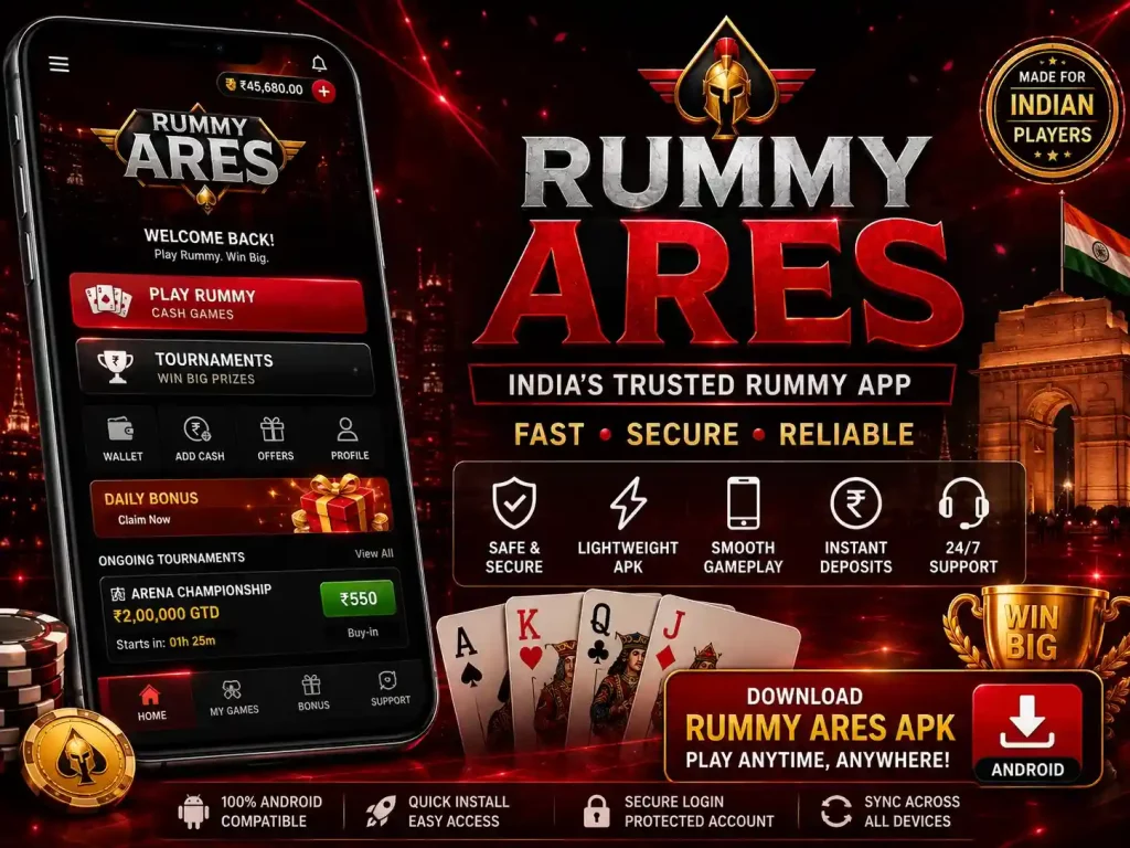 Rummy Ares APK banner with red and black mobile gaming theme, Android smartphone showing rummy gameplay, Indian casino atmosphere, playing cards, secure login icons, and fast mobile access features