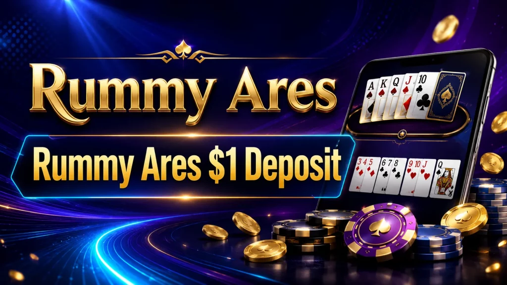 Rummy Ares $1 Deposit banner with gold casino logo, playing cards, chips, coins, smartphone screen, and neon blue-purple background.