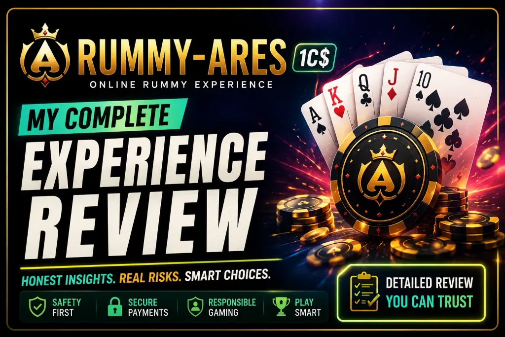Rummy-Ares 1C$ review banner with casino cards, chips, secure payments icons, and responsible gaming safety theme.
