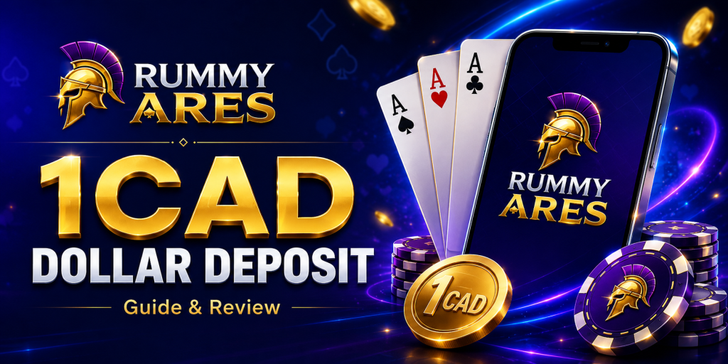 Rummy Ares 1CAD Dollar Deposit banner with gold casino logo, 1CAD coin, playing cards, chips, smartphone screen, and neon blue-purple background.